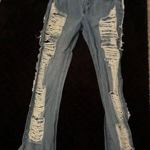 SHEIN Light Blue Distressed Flare Jeans